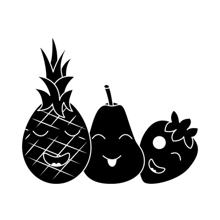 kawaii fruits cartoon pineapple, pear, and strawberry vector illustrationのイラスト素材