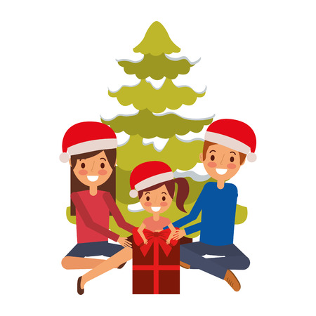 happy family the parents and child with christmas tree and gift vector illustrationのイラスト素材