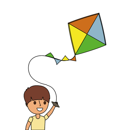 portrait cute happy boy holding kite playing funny vector illustrationのイラスト素材