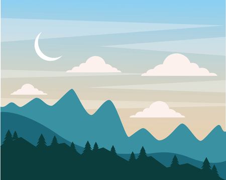 night hills landscape mountains trees and moon clouds sky vector illustrationのイラスト素材