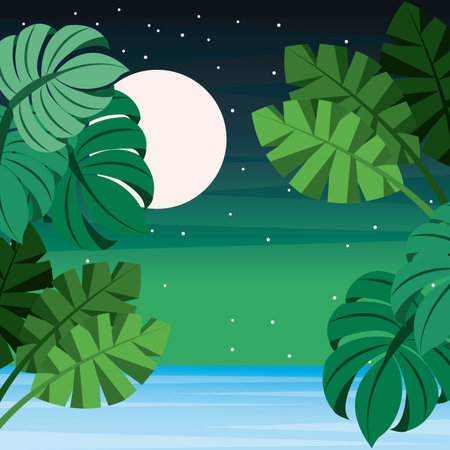 Landscape with palm leaves and full moon starry illustration.のイラスト素材