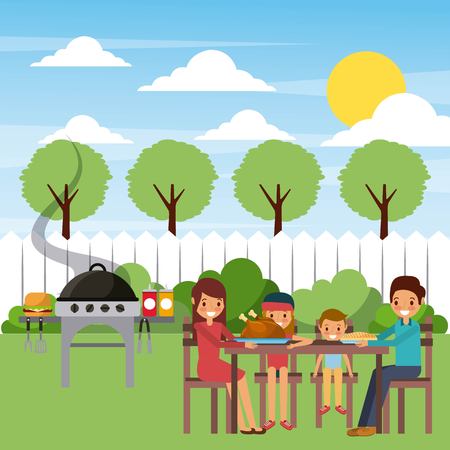 family eating dinner in the garden with grill hot food vector illustrationのイラスト素材