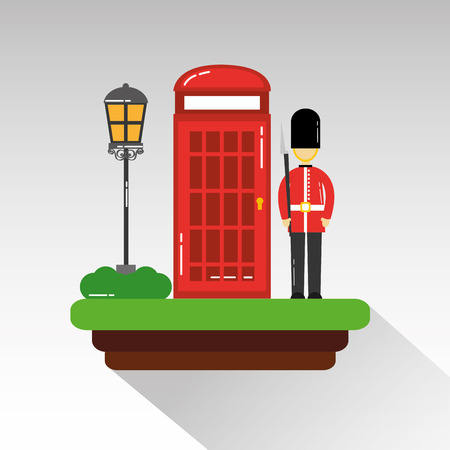cartoon soldier of guard royal in traditional uniform cabin telephone and street lamp vector illustrationのイラスト素材