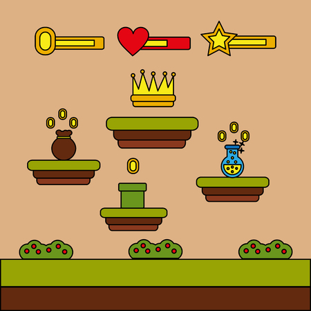 Video game crown bag money potion coins level vector illustrationのイラスト素材