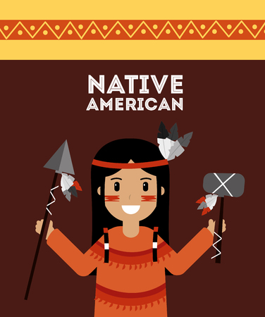 Native American Indian holding spear and tomhawk vector illustrationのイラスト素材