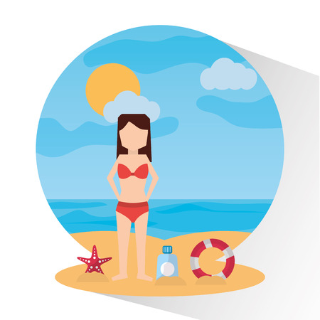 beach sunny day woman sunscreen starfish sea vector illustrationのイラスト素材