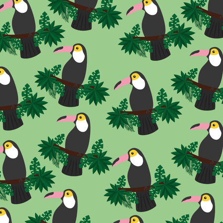 tropical exotic bird toucan on branch seamless pattern vector illustrationのイラスト素材