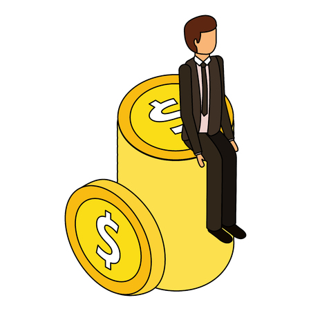 businessman sitting pile coins money isometric vector illustrationのイラスト素材