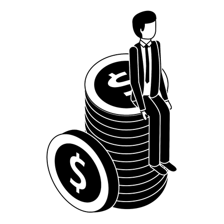 businessman sitting pile coins money isometric vector illustration pictogramのイラスト素材