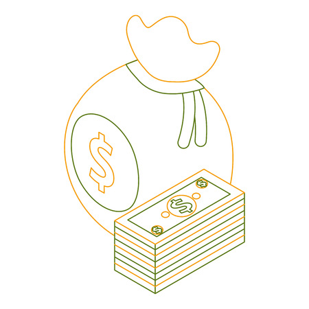 money isometric bag and staked banknote currency vector illustration outline colorのイラスト素材