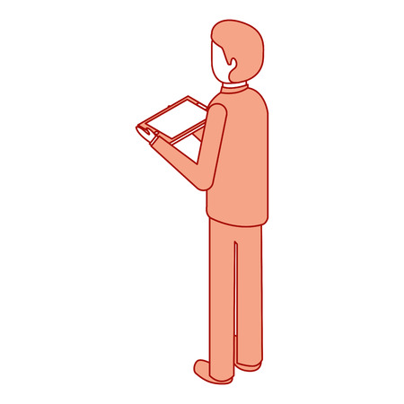 business man with tablet in the hand back view isometric vector illustrationのイラスト素材