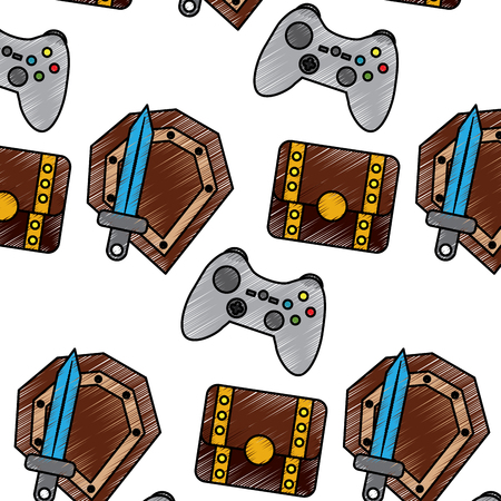video game treasure chest shield sword control elements seamless pattern vector illustrationのイラスト素材