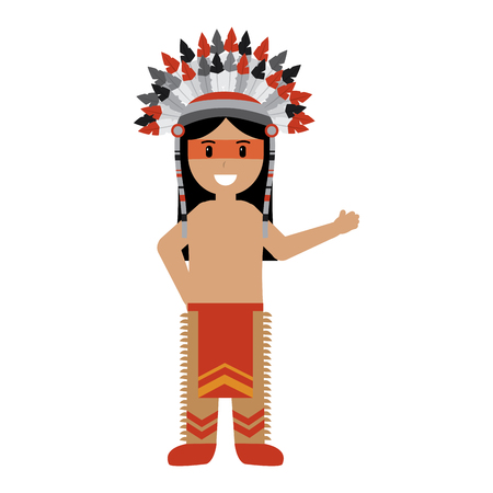 cartoon native indian american with traditional costume headwear vector illustrationのイラスト素材