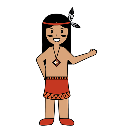 Cartoon native american indian in traditional short buckskin dress vector illustrationのイラスト素材