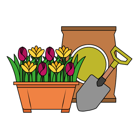 Beautiful flowers cultivated in pot with fertilizer bag and shovelのイラスト素材
