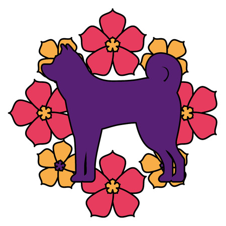 dog mascot silhouette with floral background vector illustration designのイラスト素材