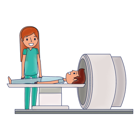 tomography scanner machine with patient and doctor vector illustrationのイラスト素材