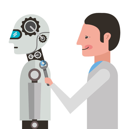 scientist repairing humanoid robot vector illustration designのイラスト素材