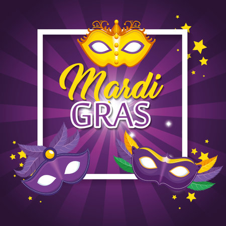 mardi gras lettering poster with mask carnival banner vector illustration graphic designのイラスト素材