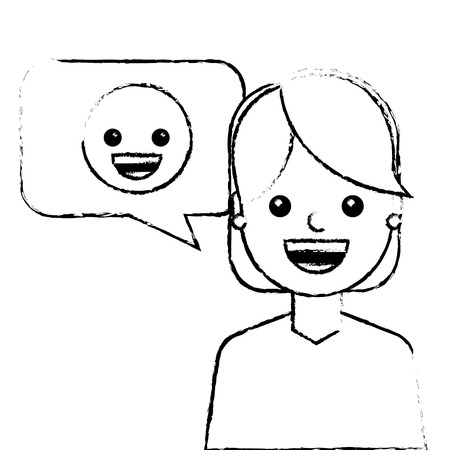 young woman with smile emoticon in speech bubble vector illustration sketch designのイラスト素材