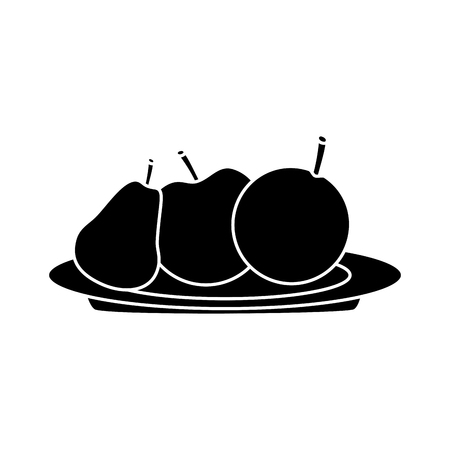 A pear apple orange on plate fruit icon image vector illustration design black and whiteのイラスト素材