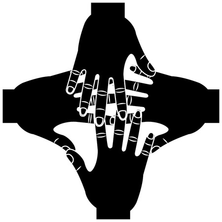 Four hands together hand gesture icon image. Vector illustration design black and white.のイラスト素材