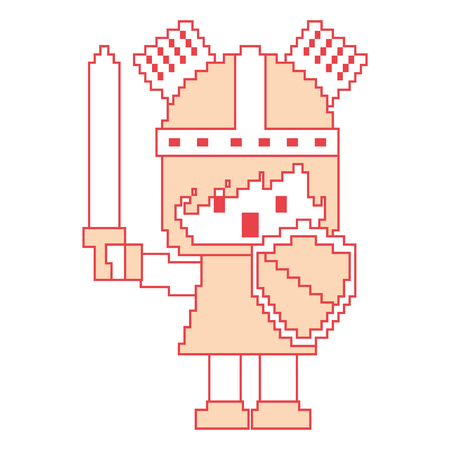 pixel character knight with sword and shield for games vector illustration orange color imageのイラスト素材