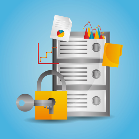 Data center server protection padlock key vector illustration