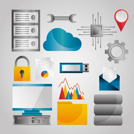 Data analysis database network technology settings icons set vector illustrationのイラスト素材