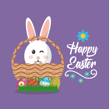 Happy Easter cute bunny inside basket and eggs decoration vector illustrationのイラスト素材