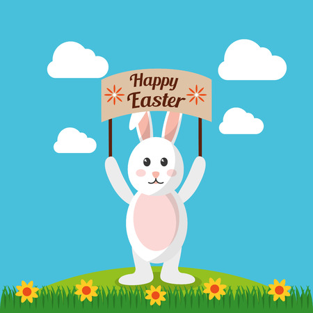 Happy Easter rabbit holds placard with landscape vector illustrationのイラスト素材