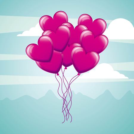 Bunch balloons hearts flying in sky love vector illustrationのイラスト素材