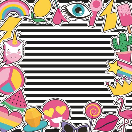 set of patches or stickers cute cartoon stripes background vector illustrationのイラスト素材