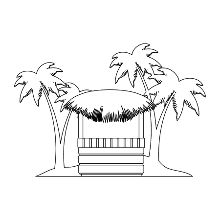 Wooden kiosk and palm leaves on the beach illustration designのイラスト素材