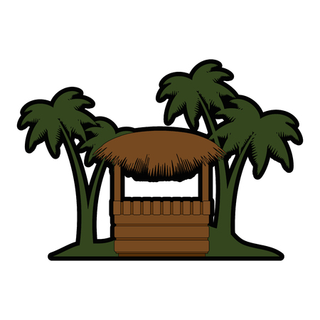 wooden kiosk and palm leaves on the beach illustration designのイラスト素材