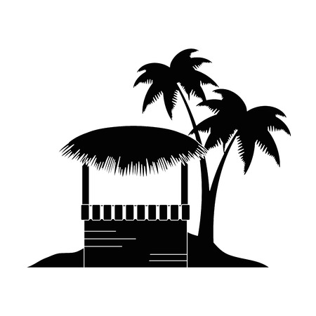wooden kiosk and palm leaves on the beach illustration designのイラスト素材