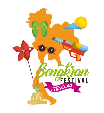 songkran festival thailand map flip flop sunglasses sun sky vector illustrationのイラスト素材