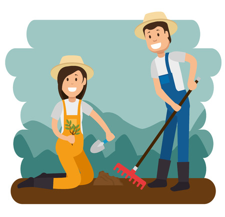 couple of young gardeners doing gardening work vector illustration graphic designのイラスト素材