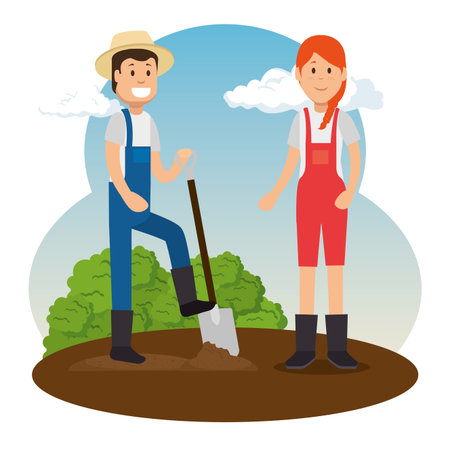couple of young gardeners doing gardening work vector illustration graphic designのイラスト素材