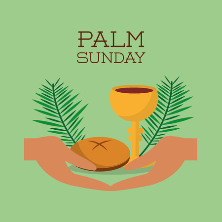 palm sunday hands bread and cup green background vector illustrationのイラスト素材