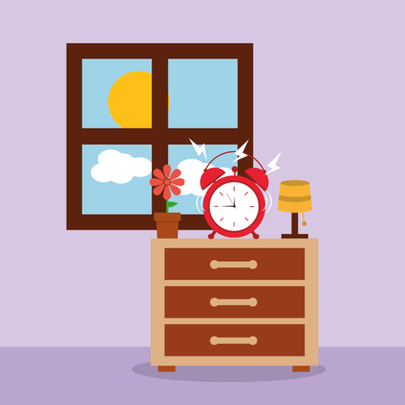 Alarm clock on bedside table alert morning window vector illustrationのイラスト素材