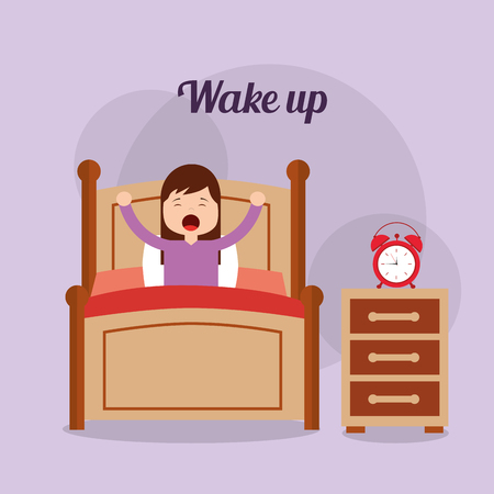 Girl in his bed with clock bedside table wake up vector illustration.のイラスト素材