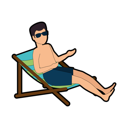 Young man in swimsuit with beach chair character vector illustration designのイラスト素材