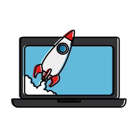 Laptop computer with rocket launcher. Vector illustration design.のイラスト素材