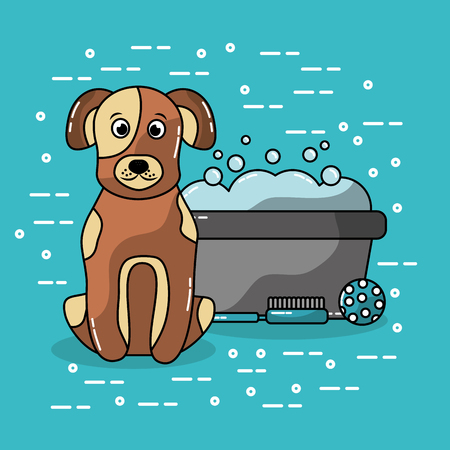 pet dog sitting with bucket wash grooming brush and ball vector illustrationのイラスト素材