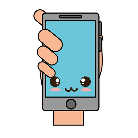 Smartphone device with hand human kawaii character vector illustration designのイラスト素材