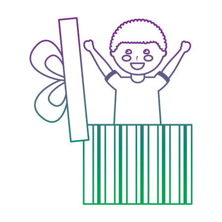 Cute happy boy coming out of inside gift box surprise vector illustration color line gradient.のイラスト素材