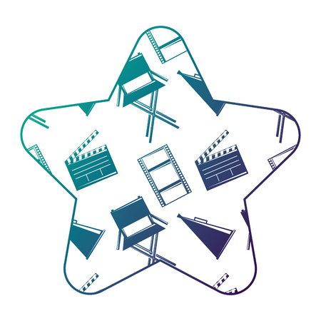 Label star with film movie chair megaphone and clapperboard vector illustration degraded color design.のイラスト素材