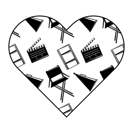 label heart with film movie chair megaphone and clapperboard vector illustration black and white image designのイラスト素材
