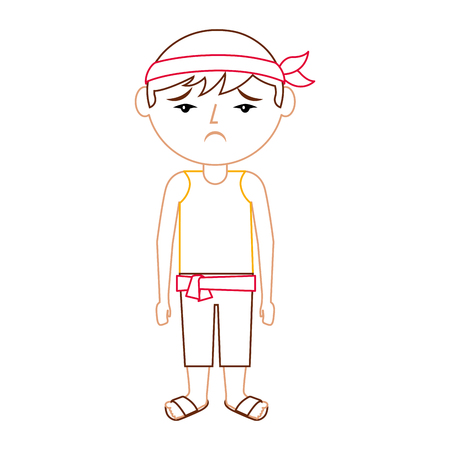 sad cartoon chinese man standing vector illustration line color designのイラスト素材